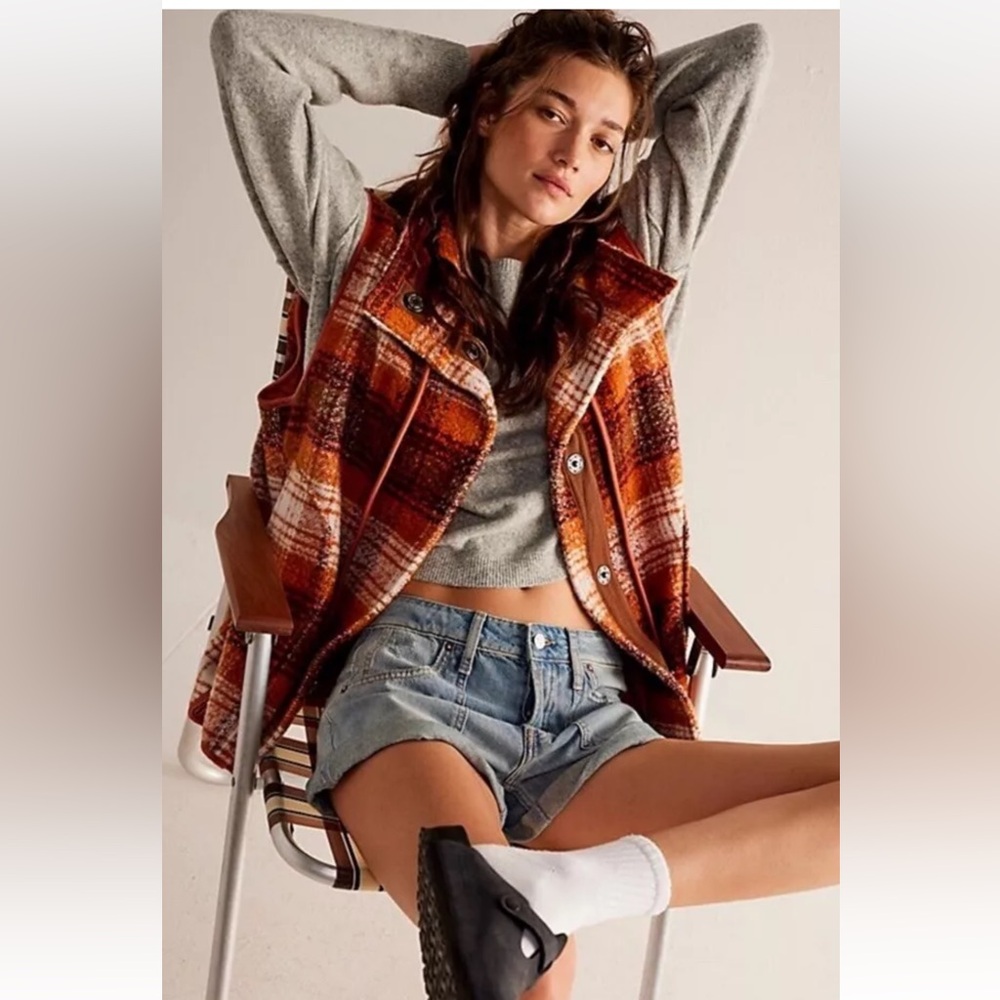 Free People Wrapped Up Blanket Vest We The Free Slouchy Button Front Plaid Rust